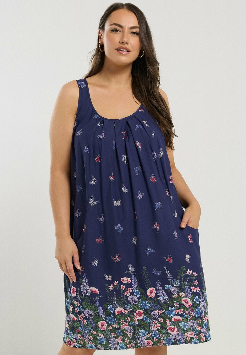 Navy ärmelloses Kleid mit Schmetterlings- und Blumenmuster, mit Falten am Ausschnitt, weiter Schnitt und Seitentaschen an der Taille.