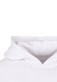 Weißer Kapuzenpullover mit einer Fronttasche, Kordelzugkapuze und gerippten Bündchen. Weicher Baumwollstoff mit glatter Textur und minimalistischem Design.