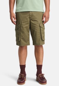 Pantaloni cargo verde oliva con due tasche laterali, in cotone, taglio dritto, lunghezza sopra il ginocchio, indossati con calze bordeaux e scarpe marroni.