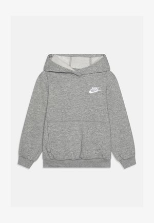 Pilkas džemperis su minkšta medžiaga, turintis priekinę kišenę, gaubtus rankogalius ir baltą Nike logotipą ant krūtinės.