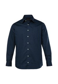Camicia a maniche lunghe blu navy in tessuto liscio. Presenta una chiusura frontale con bottoni, colletto e pois bianchi. Include una tasca sul petto a sinistra.