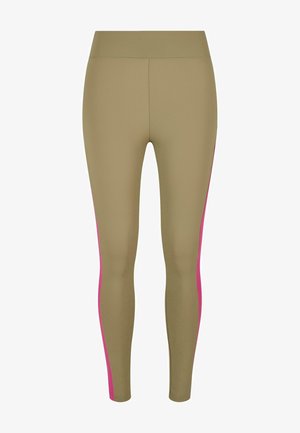 Leggings in olive green with fuchsia side stripes. Made from stretch fabric, featuring a smooth texture and high waistband design.