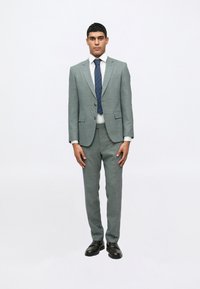 Gaiši pelēks pielāgots uzvalks ar strukturētu žaketi un šaurām biksēm. Baltā krekls, zila svītraina kaklasaite un melnas kurpes. Gluda tekstūra.