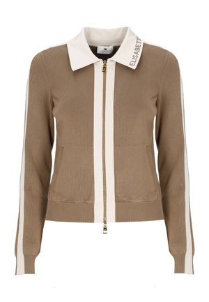 Hellbrauner Reißverschluss-Pullover mit cremefarbenem Kragen, vertikalen Streifen an Ärmeln und Vorderseite sowie dem Schriftzug "ELISABETTA" am Kragenrand.