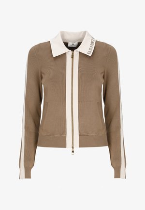 Hellbrauner Reißverschluss-Pullover mit cremefarbenem Kragen, vertikalen Streifen an Ärmeln und Vorderseite sowie dem Schriftzug "ELISABETTA" am Kragenrand.