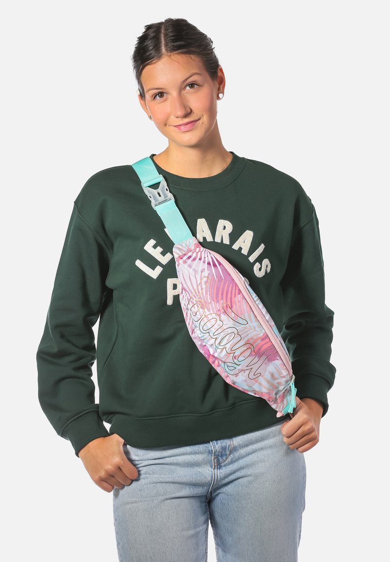 Marsupio multicolore con chiusura a zip, caratterizzato da un motivo tropicale in rosa e bianco, abbinato a una cintura larga turchese.