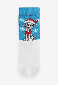 Los calcetines coloridos presentan una parte superior azul con un perro de dibujos animados con un gorro de Santa, parte inferior blanca y acentos de copos de nieve y luces de cadena. Material de mezcla de algodón.