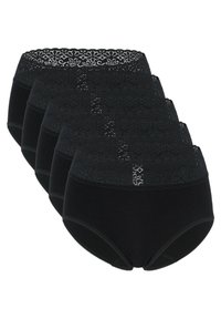 Zwarte slips met kant in een verpakking van vijf. Zacht katoen materiaal, hoge taille ontwerp, met een geschulpte kant tailleband. Gladde textuur.
