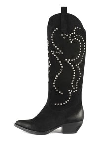 Black suede cowboy boots with a pointed toe, featuring silver stud accents in a swirling pattern, and a stacked heel.