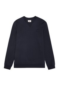 Felpa blu navy con scollo a V e righe verticali bianche. Maniche lunghe e polsini a coste, con un piccolo logo sul lato sinistro.