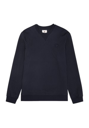 Sudadera de cuello en V azul marino con rayas verticales blancas. Mangas largas y puños acanalados, con un pequeño logo en el lado izquierdo.