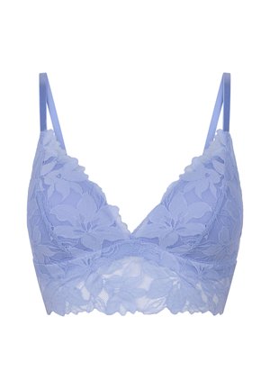 Light purple lace bralette with floral patterns, thin adjustable straps, and scalloped edges along the bottom and cups.