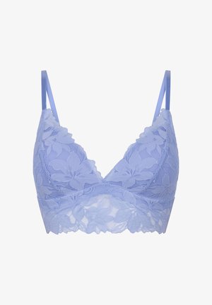 Lichtpaarse kanten bralette met bloemenpatronen, dunne verstelbare bandjes en geschulpte randen langs de onderkant en cups.