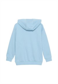 Lichtblauwe hoodie met een kangoeroezak, ribbelmanchetten en -zoom. Heeft een capuchon met trekkoord en een zachte, gestructureerde stof.