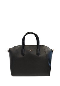 Borsa in pelle nera con forma strutturata, doppi manici superiori e dettagli in oro del logo sul davanti. Presenta una texture liscia e accenti minimi.