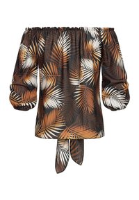 Haut épaules dénudées en tissu léger avec un motif de feuilles de palmier noir, blanc et marron. Comprend des manches ballon et un détail noué à l'ourlet.