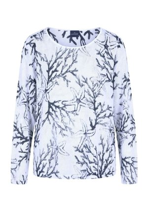 Maglione bianco a maniche lunghe con motivi di corallo nero e stelle marine, scollo rotondo, tessuto in poliestere, stile casual da spiaggia.