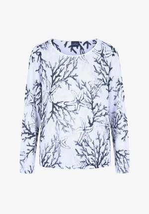 Biały sweter z długim rękawem, z czarnymi wzorami koralowca i rozgwiazdy, okrągłym dekoltem, wykonany z poliestru, styl casual na plażę.