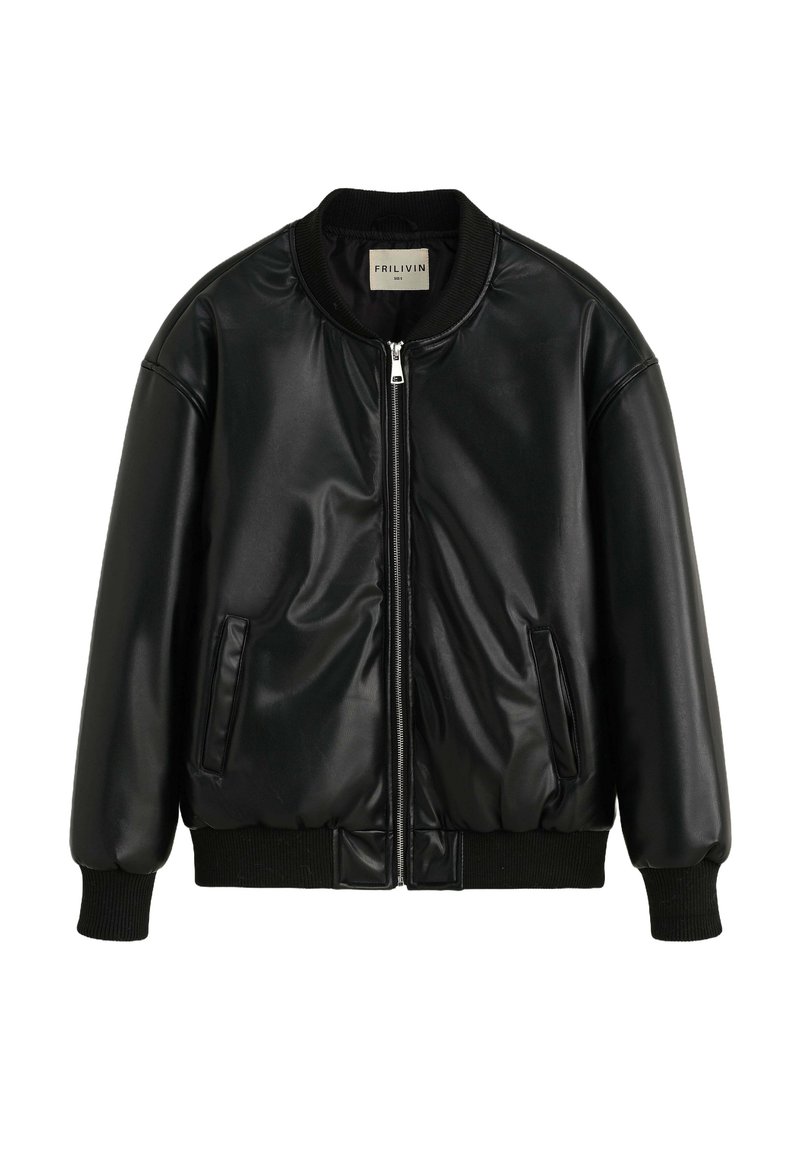 Veste aviateur en similicuir noir avec col, poignets et ourlet côtelés, fermeture éclair avant et deux poches latérales, étiquette "FRILIVIN" à l'intérieur du col.