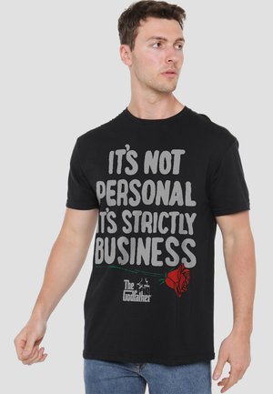 Black cotton t-shirt featuring a large gray text print that reads "IT'S NOT PERSONAL IT'S STRICTLY BUSINESS" with a red rose and “The Godfather” logo.