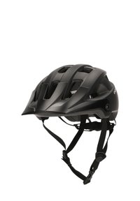 Schwarzer Fahrradhelm mit aerodynamischem Design, mehreren Belüftungsöffnungen, verstellbaren Riemen und mattem Finish. Leichte und stabile Konstruktion.