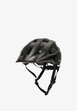 Mustan värinen pyöräilykypärä, jossa on aerodynaaminen muotoilu, useita ilmanvaihtoaukkoja, säädettävät hihnat ja mattapinta. Kevyt ja kestävä rakenne.