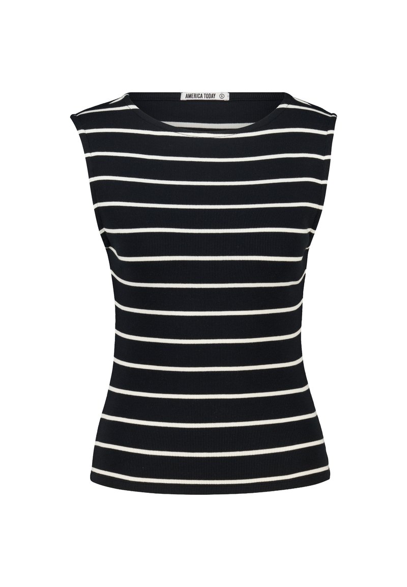 Black and white striped sleeveless top with a ribbed texture and a round neckline. The design fits closely to the body.