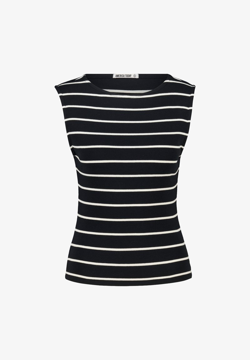 Black and white striped sleeveless top with a ribbed texture and a round neckline. The design fits closely to the body.