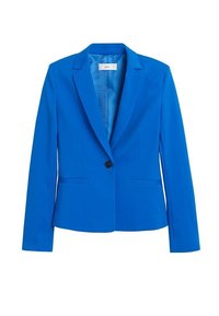 Sinisestä, sileästä kankaasta valmistettu bleiseri, jossa on lovettu kaulus, edessä nappikiinnitys, kaksi sivutaskua ja jämäkkä istuvuus.