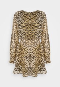 Meikäläisen leopardikuosisessa mekossa on läpinäkyvä kangas, pitkät hihat, smockattu vyötärö, kerroksellinen hame ja pyöreä pääntie.