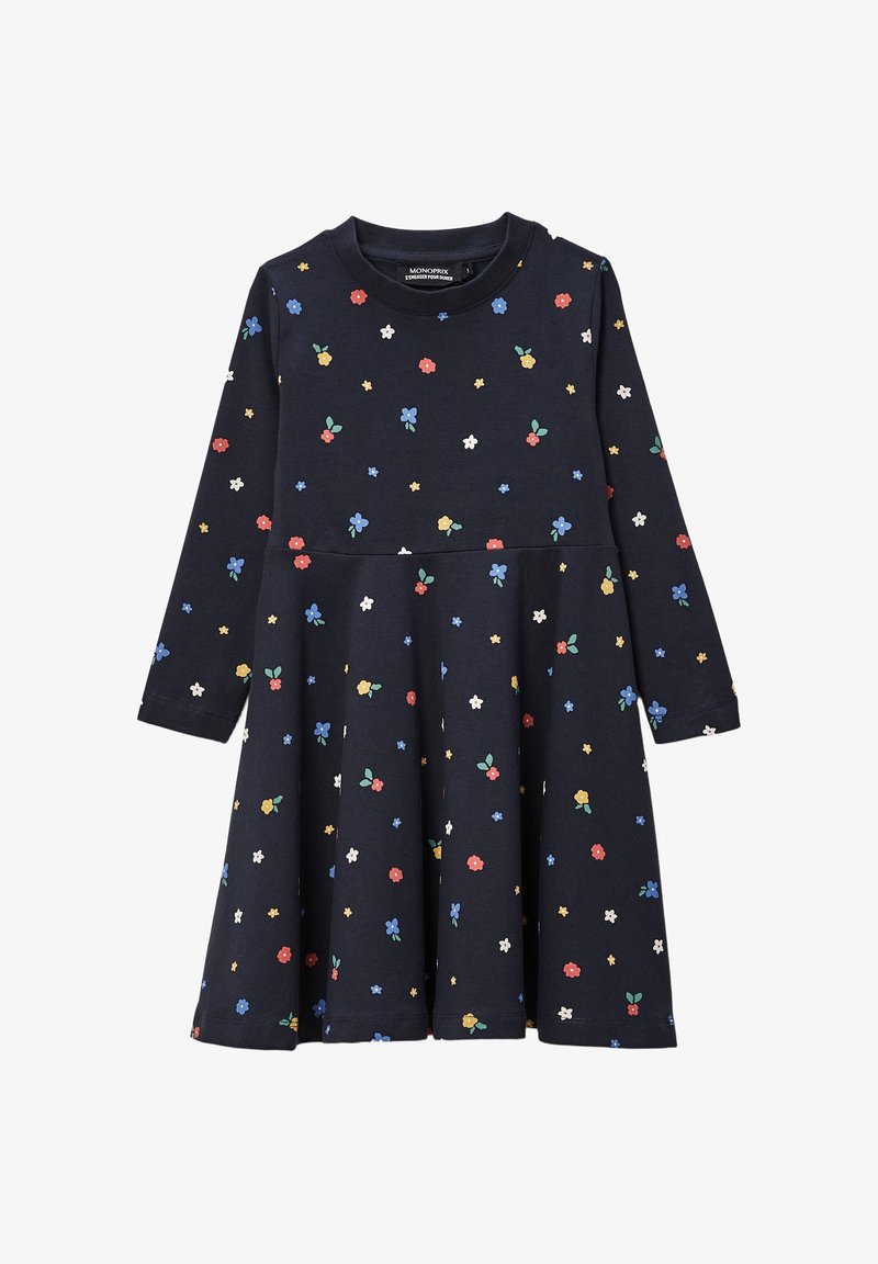 Robe navy à manches longues avec un motif floral rouge, bleu, jaune et vert. Jupe évasée, col rond, fabriquée en tissu doux.