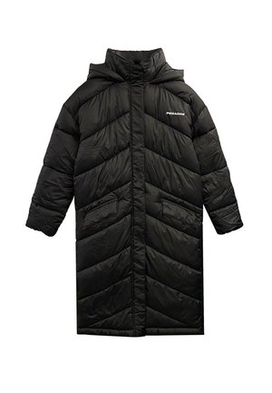 Long black quilted puffer coat with high collar, front pockets, and "PEGADOR" logo on the chest, designed for cold weather.