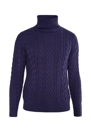 Mørkeblå kabelstrik turtleneck sweater med lange ærmer og ribbet kant, lavet af et tekstureret strikkemateriale.