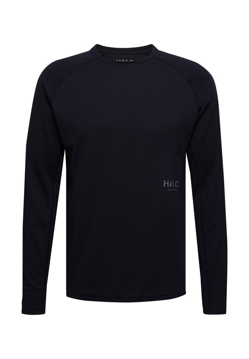Czarna koszulka z długim rękawem, wykonana z teksturowanej tkaniny, z okrągłym dekoltem i raglanowymi rękawami, z dyskretnie wydrukowanym logo "HALO" z przodu.