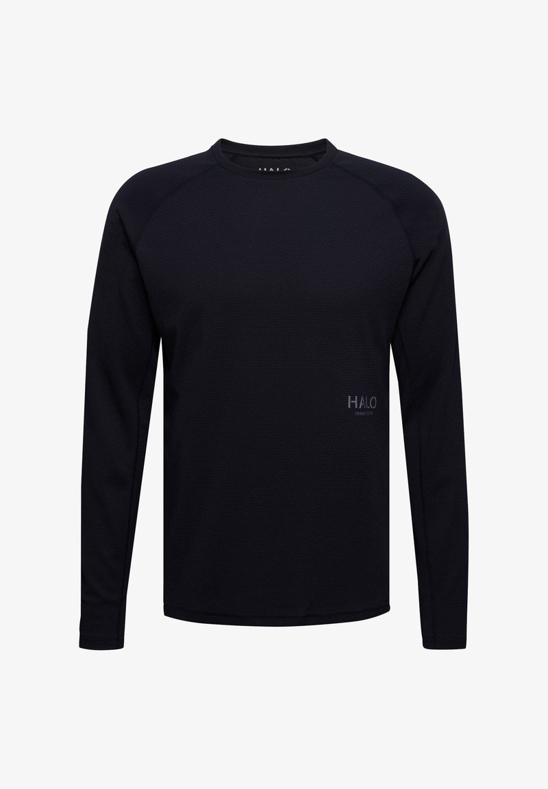 Czarna koszulka z długim rękawem, wykonana z teksturowanej tkaniny, z okrągłym dekoltem i raglanowymi rękawami, z dyskretnie wydrukowanym logo "HALO" z przodu.