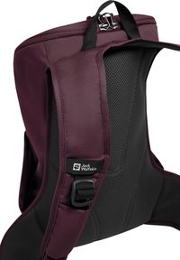 Zaino color bordeaux con un'esterno liscio, schienale in rete imbottita, spallacci regolabili e un'etichetta con il logo. Presenta una cerniera superiore e hardware resistente.