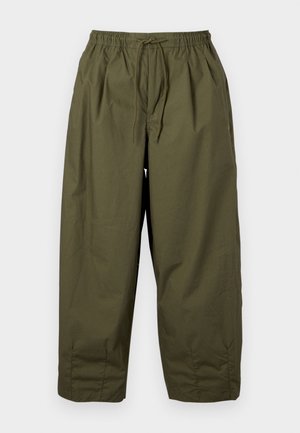 Olive green, lightweight pants with an elastic waistband and adjustable drawstring. Features wide legs and soft, smooth texture.