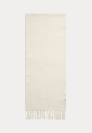 Sciarpa rettangolare color crema con frange lungo il bordo inferiore e logo ricamato discreto vicino a un'estremità.