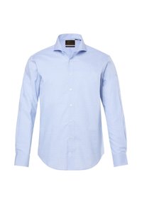 Camicia da uomo azzurro chiaro con maniche lunghe, colletto all'americana e piccolo motivo a quadretti bianchi, mostrata abbottonata e distesa su sfondo bianco.