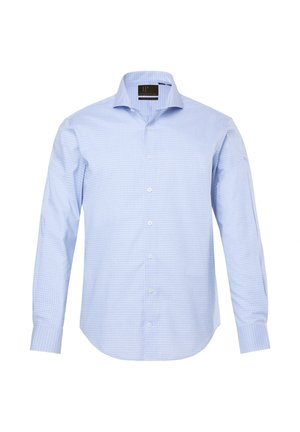 Chemise habillée pour homme, bleu clair, à manches longues, avec un col évasé et un petit motif à carreaux blancs, présentée boutonnée et à plat sur fond blanc.