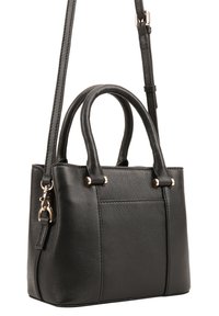 Zwarte leren handtas met twee bovenhandvatten en een verstelbare schouderband. Heeft gouden hardware accenten en een gestructureerde oppervlakte.