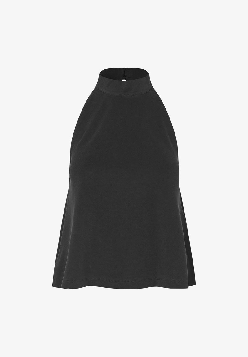 Black halter top made of smooth fabric; features a high neck, flared silhouette, and a back closure. No visible patterns or accents.