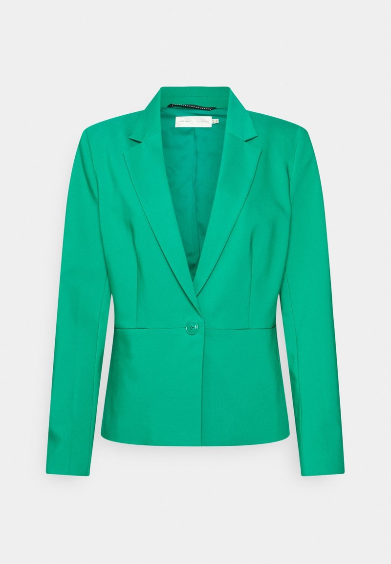 Veste blazer femme verte sur mesure avec revers crantés, manches longues et fermeture à un bouton sur le devant.