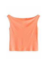 Oranssi, istuva hihaton paita, jossa on olkaimeton pääntie, valmistettu pehmeästä puuvillakankaasta, jolla on sileä pinta eikä näkyviä kuvioita.