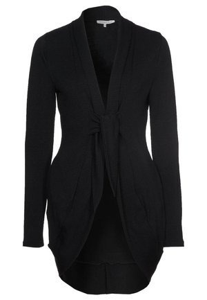 Czarny kardigan z długim rękawem, otwartym przodem, detalem w postaci sznurka w talii oraz lekko zaokrąglonym dołem, oznaczony marką Anna Field.