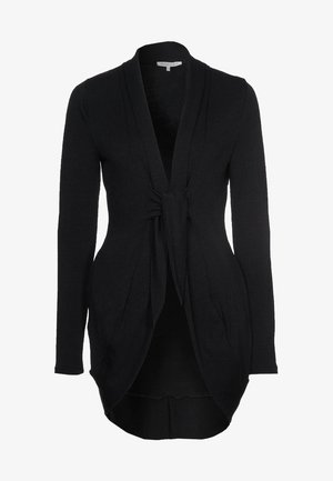 Musta, pitkähihaisen neuletakin avoin edusta, vyötärön solmittava yksityiskohta ja hieman kaartuva helma, merkiltään Anna Field.