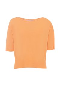 Top a maniche corte in morbido tessuto a maglia arancione con una vestibilità rilassata, scollatura ampia e orlo a coste, senza motivi o dettagli visibili.