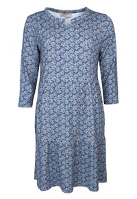 Blumenmusterkleid mit V-Ausschnitt, langen Ärmeln und gestuftem Rüschensaum. Hergestellt aus leichtem Stoff in Blau mit rosa und grünen Akzenten.