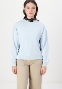 Felpa azzurra con maniche lunghe, vestibilità comoda e orlo a costine. Indossata con una sciarpa nera a motivi attorno al collo. Pantaloni beige.