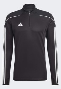 Maglietta sportiva nera a maniche lunghe con colletto a mezza zip, strisce bianche sulle maniche e una zona spalle testurizzata. Presenta il logo Adidas.